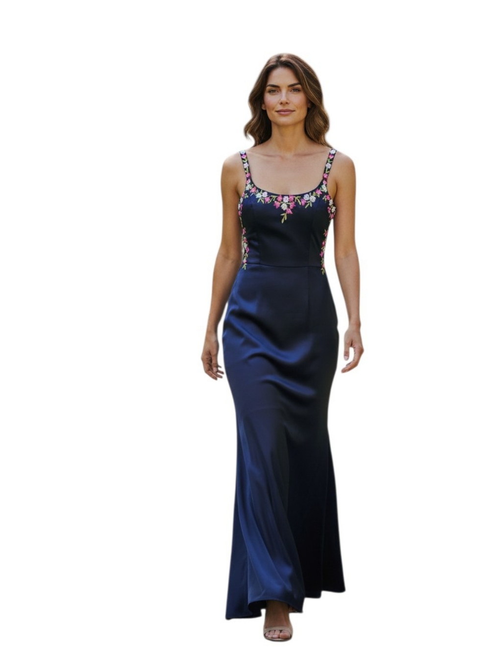 Tiffany Designs Navy Satin Maxi Dress with Pink Floral Embroidery